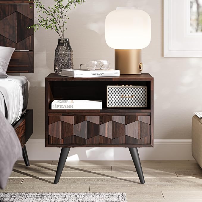 Bme Georgina Solid Wood Nightstand With 1 Drawer & Open Shelf- Fully Assembled Mid Century Modern Side Table - Geometric Pattern Bedside Dresser for Bedroom and Living Room-Ruum Studio Home