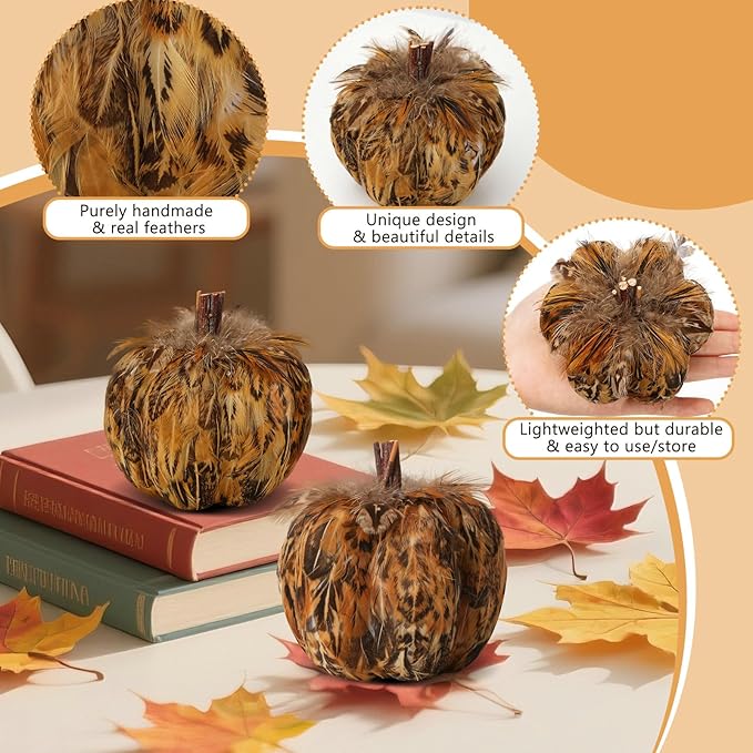 naturevibe 4.3 Inches Elegant Feathered Pumpkin Decor Set of 4 for Thanksgiving Decorations, Natural Feather Pumpkins as Fall Home Decor,Centerpieces for Tables or Autumn Harvest Gifts-Ruum Studio Home