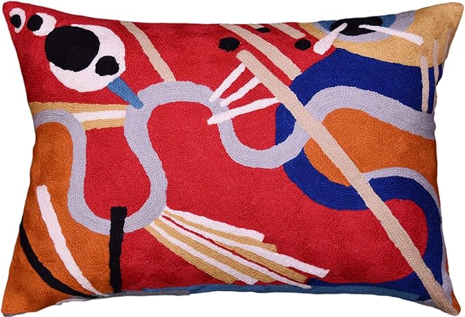 Lumbar Kandinsky Red Modern Throw Pillow Cover in Flow | Red Abstract Pillowcase | Modern Couch Pillow Contemporary | Outdoor Pillow | Mid Century Chair Cushions | Hand Embroidered Wool Size 14x20-Ruum Studio Home