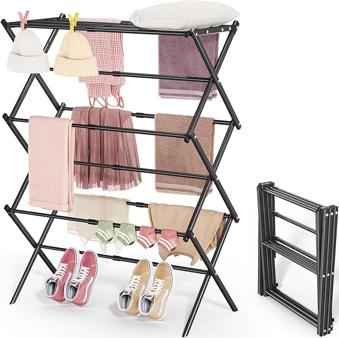 APEXCHASER Clothes Drying Rack, 3-Tier Laundry Drying Rack for Clothes, Expandable Metal Clothing Dryer, Collapsible Towel Rack, Air Drying Rack, Black-Ruum Studio Home