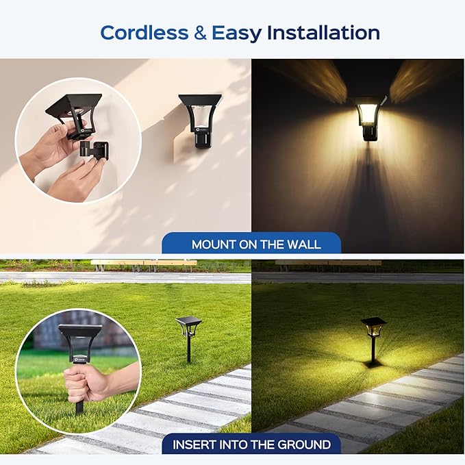 CINOTON 2-in-1 Solar Pathway Lights Outdoor with 4 Lighting Modes, IP65 Waterproof LED Solar Powered Wall Lights for Garden Yard Patio Lawn Porch Walkway Backyard Driveway, Warm & Cold White 4 Pack-Ruum Studio Home