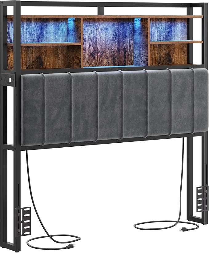 Headboard with 3-Tier Storage Shelves, Velvet Upholstered Head Board with 2 Outlets, USB Ports & LED Light, Soft Backrest for Full Size Bed, Rustic Brown and Black BH13801B-Ruum Studio Home