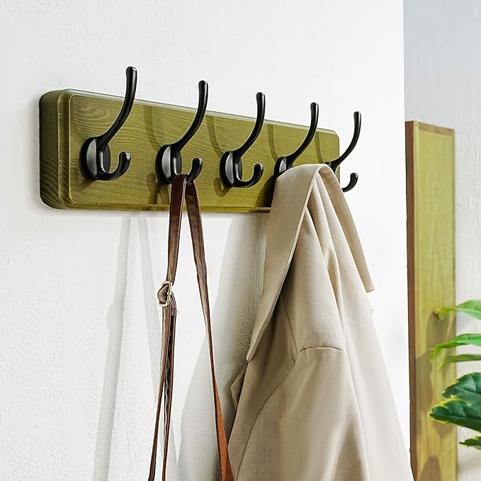 Dseap Coat Rack Wall: Patented, Heavy-Duty, 5-Double-Hooks Wooden Wall Mounted Coat Rack Coat Hanger Hook Rail for Winter Coats Hat Jacket Clothing, Weathered Green-Ruum Studio Home