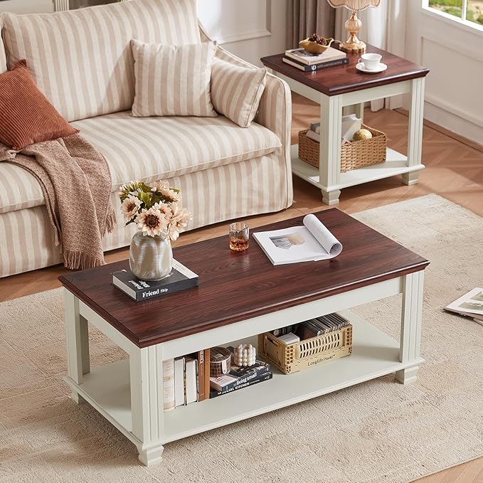 Farmhouse Coffee Tables for Living Room,Square Tea Table with Open Storage Shelf,Large Coffee Table,Rustic Wooden Center Table,White-Ruum Studio Home