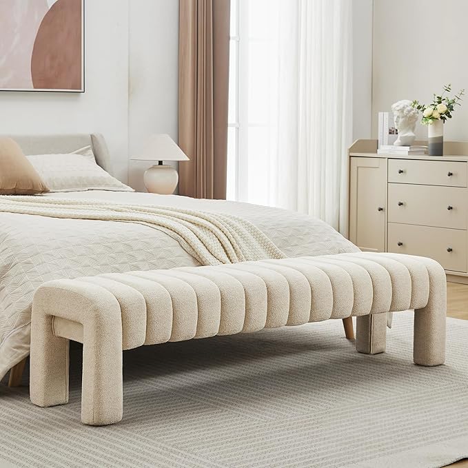 63" Bedroom Bench, Upholstered Entryway Bench, Modern End of Bed Ottoman with Solid Wood Legs and Adjustable Foot Pegs for Entryway, Dining Room and Living Room (Beige Linen)-Ruum Studio Home