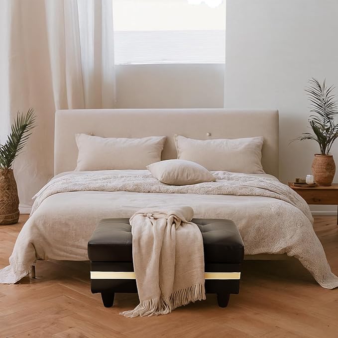 Ottoman Rectangular Storage Ottoman Bench, Faux Leather Footrest, Coffee Table, Stool Footstool with Hinged Lid for Living Room, Bedroom, Entryway, Black with White Strip, 35"x23.5"x17.5"-Ruum Studio Home