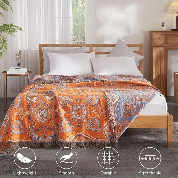 Boho Throw Blanket for Couch Sofa Bed, 100% Cotton Woven Quilt with Tassel 80”x90”, Super Soft Muslin Blanket with Oriental Universe Printed, Decorative Reversible Bed Blanket/Cover for All Seasons-Ruum Studio Home