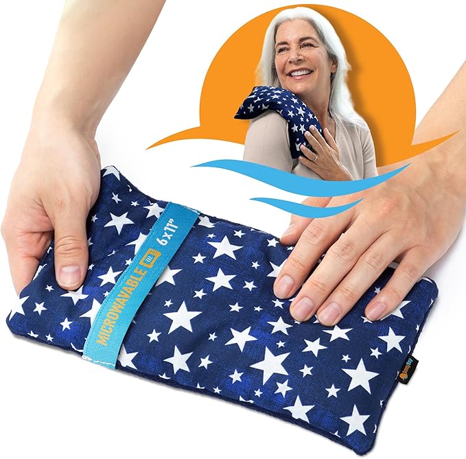 SunnyBay Small Microwave Heating Pad, Microwavable Versatile Cold/Heated Neck and Shoulder Wrap for Back Pain and More, Moist Heat Cotton-Fleece Pad with Flax Seed Filling, 6x11 in, Blue Stars-Ruum Studio Home