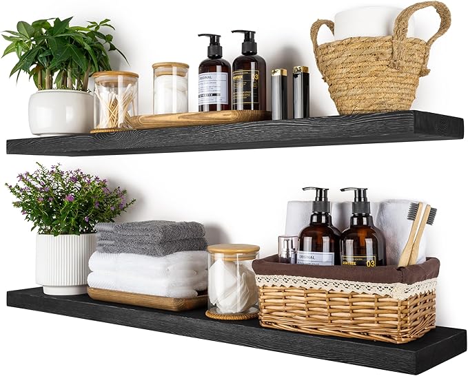 BGMG Wood Floating Shelves 36 inch Long,Wide Rustic Wooden Wall Shelves for Bathroom Living Room Bedroom Kitchen Farmhouse Set of 2-36x6.7x1.25 inch-Black-Ruum Studio Home