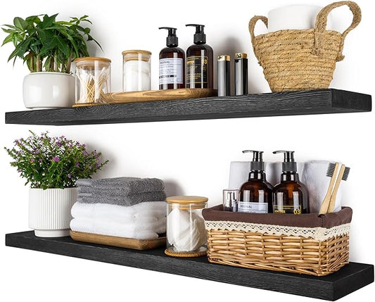 BGMG Wood Floating Shelves 36 inch Long,Wide Rustic Wooden Wall Shelves for Bathroom Living Room Bedroom Kitchen Farmhouse Set of 2-36x6.7x1.25 inch-Black-Ruum Studio Home