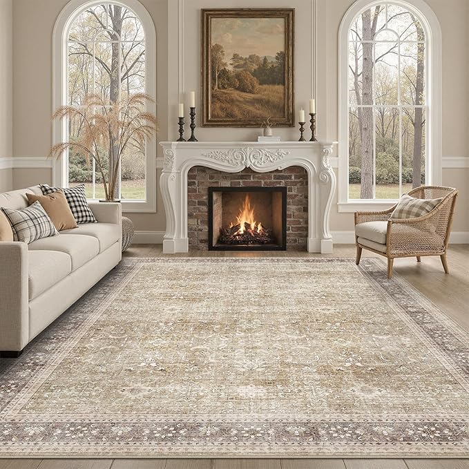 DCX Machine Washable Brown and Beige Area Rug 5x7, Non Slip Stain Resistant Vintage Rug for Living Room Diningroom Bedroom Nursery, Soft Low Pile Large Carpet-Ruum Studio Home