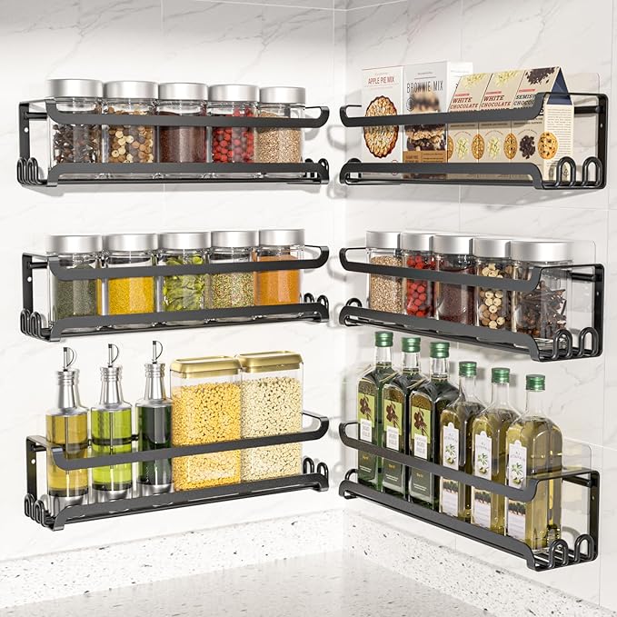 LUCYCAZ 6 Pack Wall Mounted Spice Rack with 22 Hooks, Spice Organizer Shelf for Stove Cabinet Pantry Door,Screw or Adhesive Spice Shelf Hanging Wall Spice Rack in Kitchen and RV (Black, 6 PACK)-Ruum Studio Home
