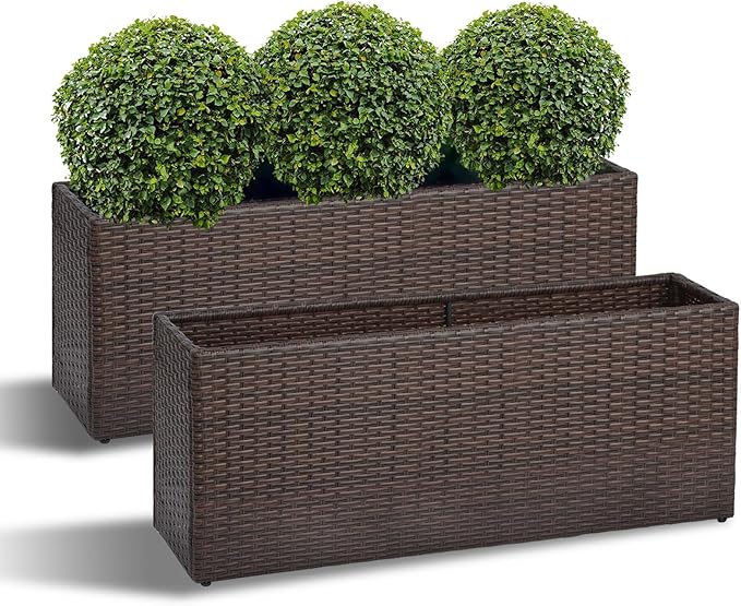 SUNNYPARK Set of 2 Large Rectangular Planter with Removable Liner, All-Weather PE Rattan Modern Planters Indoor Outdoor Flower Plant Pots Garden Box Patio Yard Front Porch Deck-Ruum Studio Home