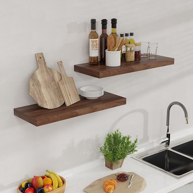 24 x 9 Floating Shelves, 9 Inch Deep Floating Shelf Wall Mounted, 24 Inch Bathroom Shelves Set of 2, Rustic Wood Wall Shelf for Bedroom, Living Room, Walnut Color-Ruum Studio Home