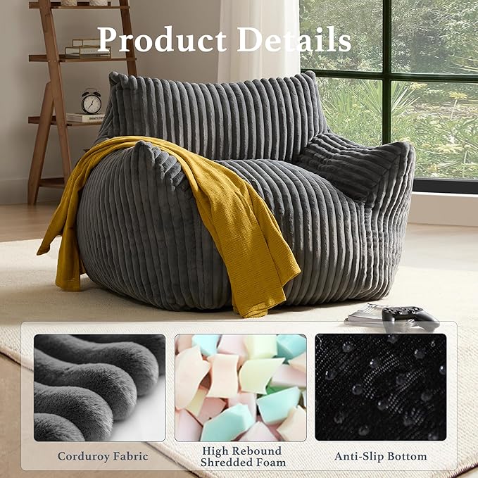 Giant Plush Bean Bag Chair for Adults with Armrests - Oversized Comfy Grey Beanbag Lounge Lazy Floor Sofa Accent Chair for Living Room, Bedroom & Dorm, Cozy Fluffy Single Cloud Mini Couch-Ruum Studio Home