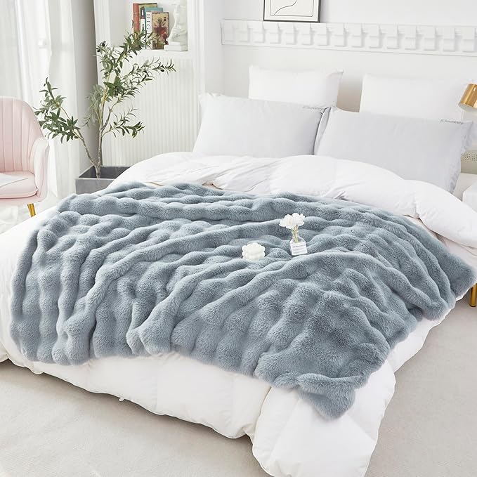 RYNGHIPY Faux Fur Throw Blanket Double Side Thick and Warm for Couch Plush Fluffy Faux Rabbit Fur Decoration for Sofa Chair and Bed Grey Winter Blanket (Grey, 51''x63'')-Ruum Studio Home