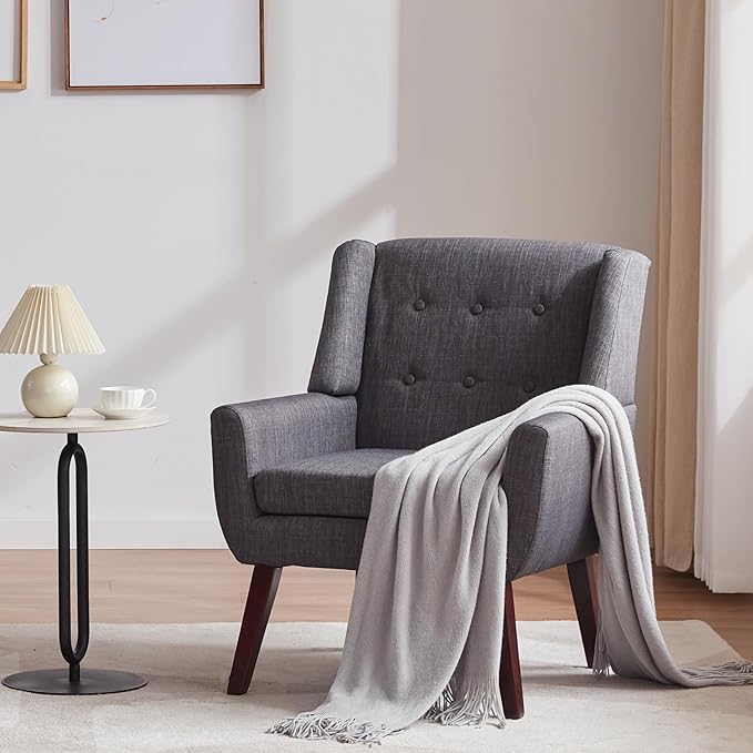 HUIMO Accent Chair Living Room Chair, Upholstered Button Tufted Armchair, Linen Fabric Sofa Chairs for Bedroom, Living Room, Mid Century Modern Comfy Reading Chair (Grey)-Ruum Studio Home