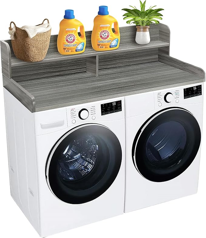 Royxen Laundry Countertop with 2-tier Shelf Universal Fit, Washer and Dryer Countertop with Storage Space, Shelf Height 11.5 Inches, Solid Wood, Eucalyptus-Ruum Studio Home