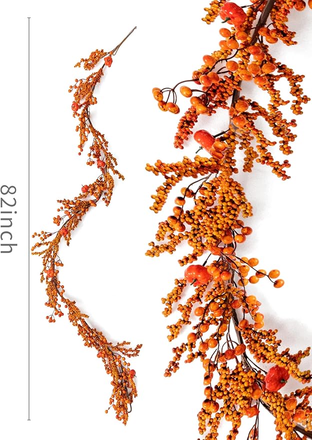 MISSPIN 6FT Pumpkin Berry Garland, Halloween Garland Fall Maple Leaf Artificial Hanging Autumn Vine Leaf Fall Decor Black Maple Fall Leaf Christmas Thanksgiving Halloween Home Decor-Ruum Studio Home