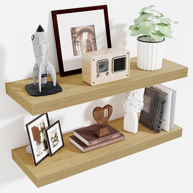 Fun Memories 32 x 10 Floating Shelves Wall-Mounted - Rustic Wood Shelf - 10 Inch Deep Floating Shelves for Wall - Large Storage Shelf for Bathroom - Kitchen & Bedroom - Oak - Set of 2-Ruum Studio Home