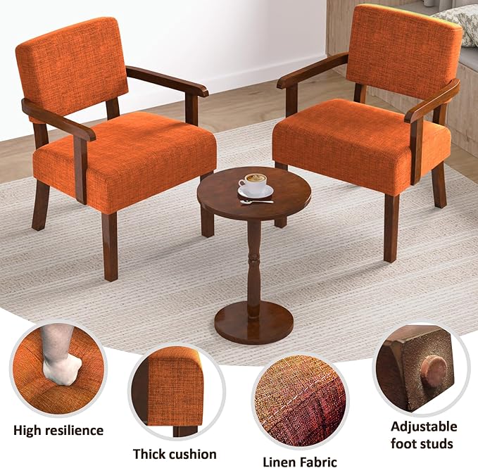 Accent Chair Set of 2 with Table, Living Room Chairs with Soft Seat and Armrests for Living Room Bedroom Reading Room Waiting Room (Orange), Linen, AC01-Ruum Studio Home