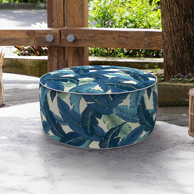 LVTXIII Indoor/Outdoor Inflatable Ottoman, D31 x H14 Inch Large Round Ottoman, All Weather Foot Rest Stool, Portable Footrest for Patio, Garden, Camping and Home - Swaying Palms Blue-Ruum Studio Home