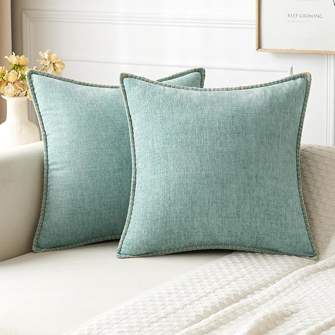 MIULEE Pack of 2 Couch Throw Pillow Covers 18x18 Inch Coastal Aqua Blue Farmhouse Decorative Pillow Covers with Stitched Edge Soft Chenille Solid Dyed Spring Pillow Covers for Sofa Bed Living Room-Ruum Studio Home