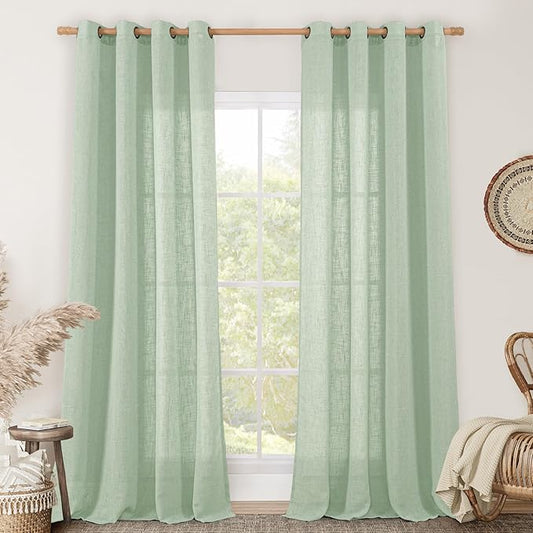 LAMIT 95 Inches Long Fresh Green Linen Curtains for Living Room, Bronze Grommet Linen Textured Curtains Light Filtering Boho Drapes for Bedroom/Dining Room, Set of 2, 52 x 95 Inch-Ruum Studio Home
