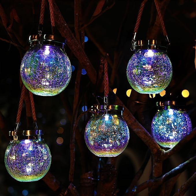 Cooo 4 Pack Solar Lantern Outdoor Waterproof Iridescent Crackle Glass with 215% Larger Solar Panel, Stainless Steel Lid – Rainbow Glass Hanging Light with Cool White LED for Garden Patio Table-Ruum Studio Home