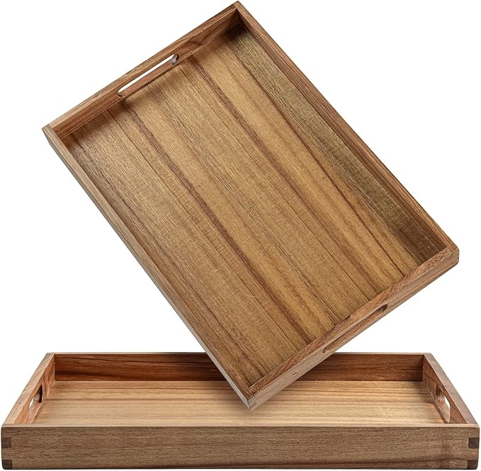 Acacia Wood Serving Tray with Handles (Set of 2)- 17-Inch Decorative Wooden Tray - Perfect for Breakfast, Lunch, Dinner, Ottoman, Coffee Table - Living Room and Couch Tray-Ruum Studio Home