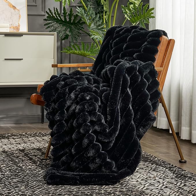 Cozy Bliss Faux Fur Throw Blanket for Couch, Cozy Warm Plush Striped Blanket for Sofa Bedroom Living Room,60 * 80 Inches Black-Ruum Studio Home