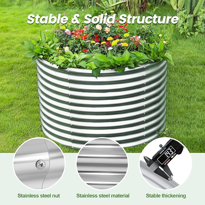 Land Guard 4×4×3ft Galvanized Raised Garden Bed Kit, Round Galvanized Planter Raised Garden Boxes Outdoor, Large Metal Raised Garden Beds for Vegetables, Silver-Ruum Studio Home