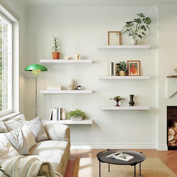 Large Floating Shelves for Wall Set of 3 Wooden Wall Shelves 36 in x 12.75 in x 2 in Room Decor Long Shelf with Invisible Wall Mount Bracket for Bedroom Kitchen Living Room White-Ruum Studio Home