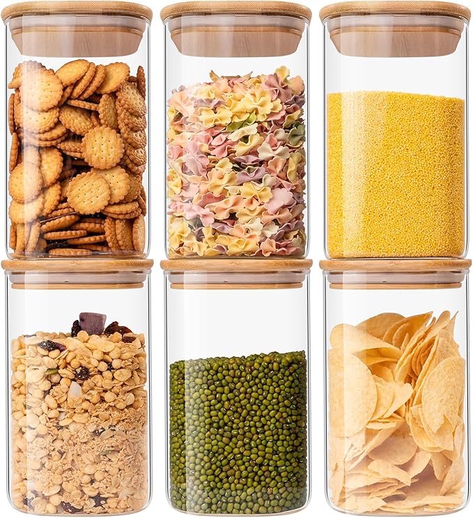 Glass Food Storage Jars 37 oz Set of 6,Glass Storage Containers Clear Glass Food Canister with Bamboo Lid Airtight For Serving Tea, Coffee, Flour, Sugar, Candy, Cookie, Spice and More (Square)-Ruum Studio Home