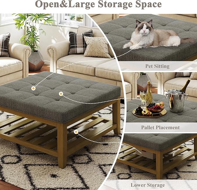 Large Square Ottoman Coffee Table, Linen Solid Upholstered Footrest Ottoman with Solid Wood Shelf Storage Tufted Coffee Table for Bedroom Living Room, Granite-Ruum Studio Home