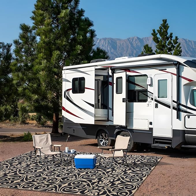 OLANLY Outdoor Rug Waterproof 5x8 ft Clearance, Reversible Outdoor Plastic Straw Rug with Floral Pattern, RV Mat for Patio, Camping, Balcony, Deck, Backyard, Black & Beige-Ruum Studio Home