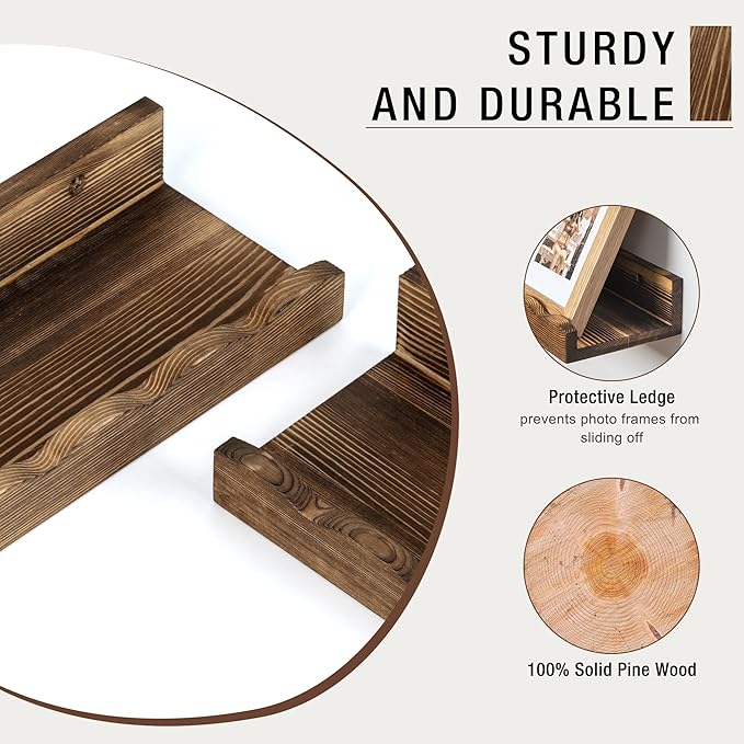 Fun Memories Picture Ledge Shelf for Wall, 48 inch Pine Wood Nursery Book Shelves Set of 2- Wall Book Shelves for Kids Room, Home Decor - Kitchen Spice-Carbonized-Ruum Studio Home