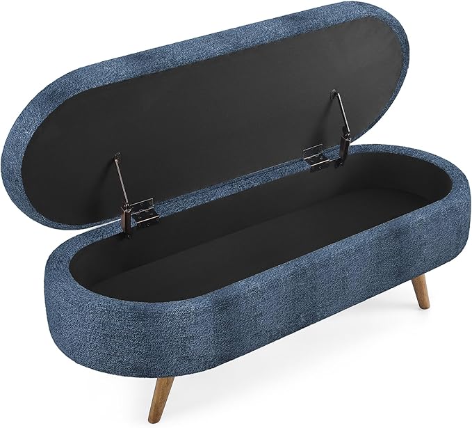 Oval Storage Bench 43.5" Linen Fabric Upholstered Entryway Bench with Solid Wood Legs Ottoman Bench Indoor Bench for Living Room/Bedroom/End of Bed/Entryway (Blue)-Ruum Studio Home