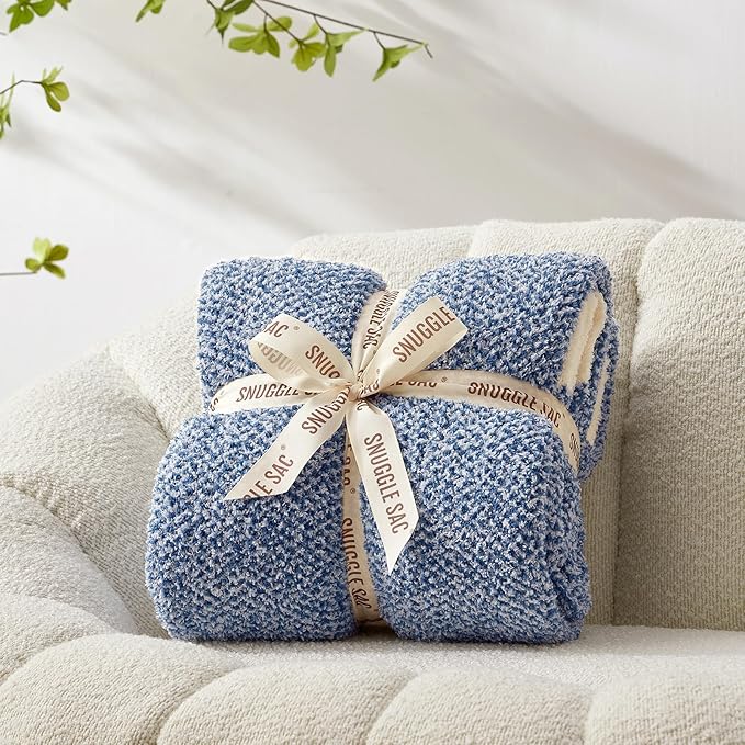 Snuggle Sac Royal Blue Blanket Twin Size for Bed and Sofa, Reversible Super Soft Blankets Warm Cozy Knit Blankets Fuzzy Plush Blankets, Heather Blue, 60x80 inches-Ruum Studio Home