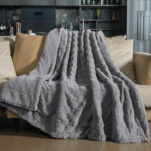 Pawque Super Soft Cozy Throw Blanket Twin Size for Couch Bed, Fluffy Sherpa Fleece Reversible Thick Warm Fuzzy Blanket for All-Season, 3D Checkered Jacquard Decorative Blankets, Grey, 60" x 80"-Ruum Studio Home