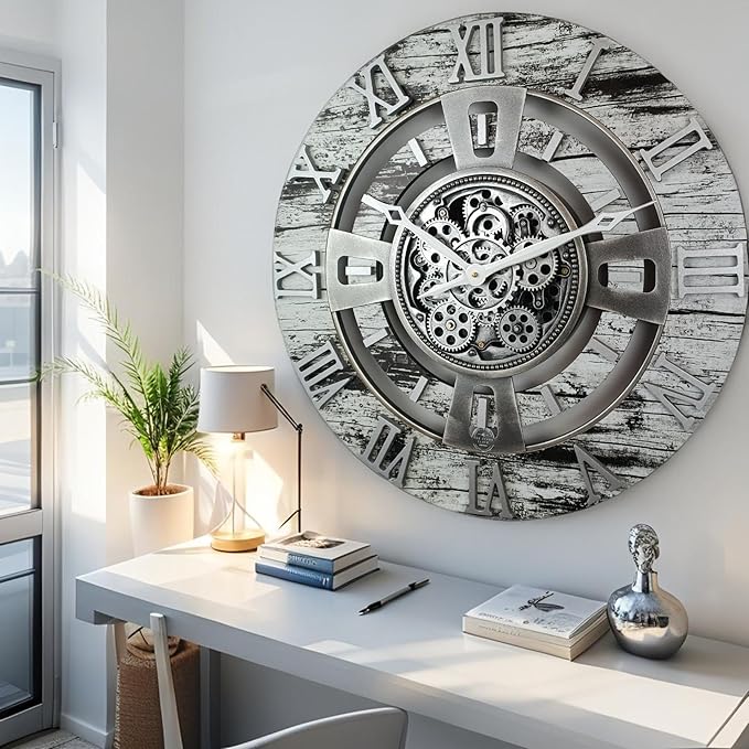 The Gears Clock 24'' Inch Real Moving Gear Wall Clock England Line (Grey & White, 24 inches (60 cm))-Ruum Studio Home