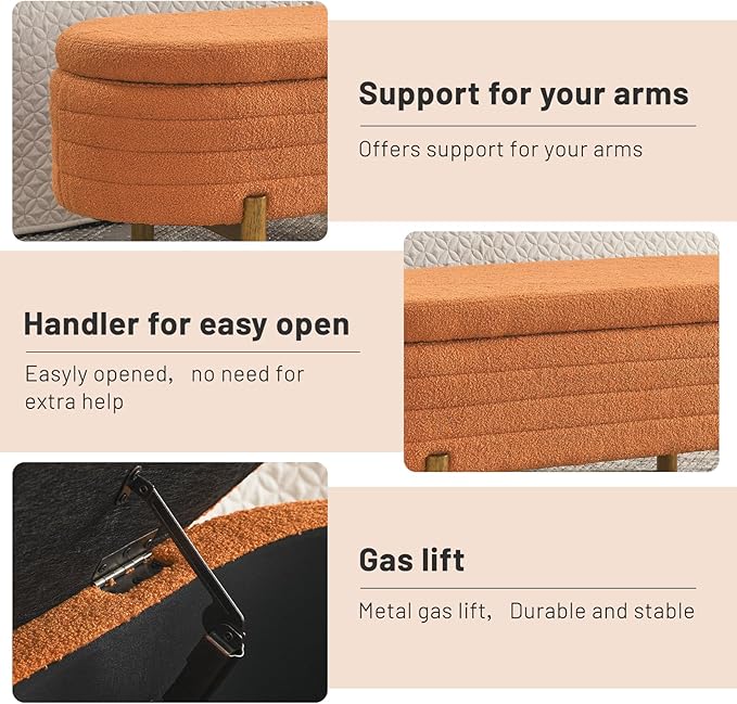 Furniliving 46” Storage Benches, End of Bed Bench with Button-Tufted Large Upholstered Storage Ottoman Teddy Window Bench with Storage Shoe Cabinet Bench, for Bedroom, Entryway, Closet, Orange-Ruum Studio Home