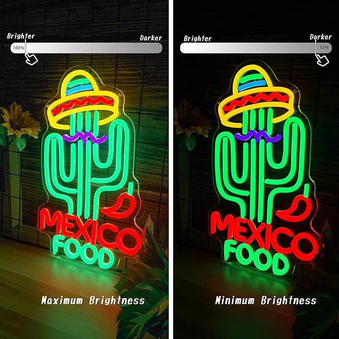 Mexican Food Neon Sign Cactus Neon Lights Dimable Colorful LED Mexican Art Lights Wall Decor for Mexican Restaurants Bars Food Trucks Unique Gift for Taco Enthusiasts Fiesta Parties (15×9.1inch)-Ruum Studio Home