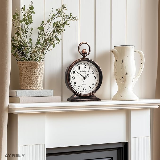 AYRELY® 7-Inch Vintage Mantel Clock with Handle,Antique Metal Desk Clocks Battery Operated,Retro Table Clock for Bedroom Living Room Shelf Farmhouse Fireplace Décor-Ruum Studio Home
