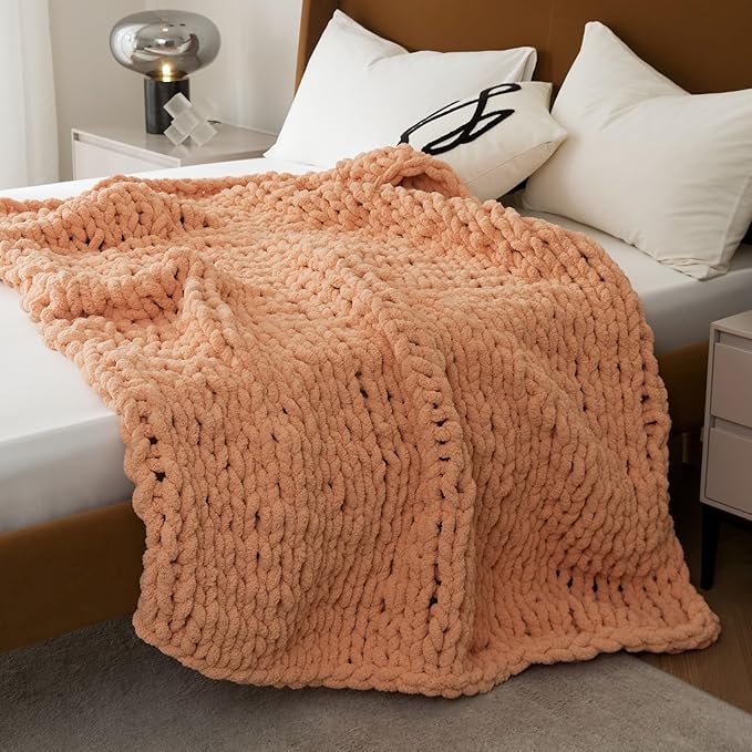 WESHIONGOO Chunky Knit Blanket Throw Knitted Throw Blankets for Couch Bed Fluffy Soft Blanket with Jumbo Chenille Yarn Thick 100% Handmade(Peach Fuzz, 50"×60")-Ruum Studio Home