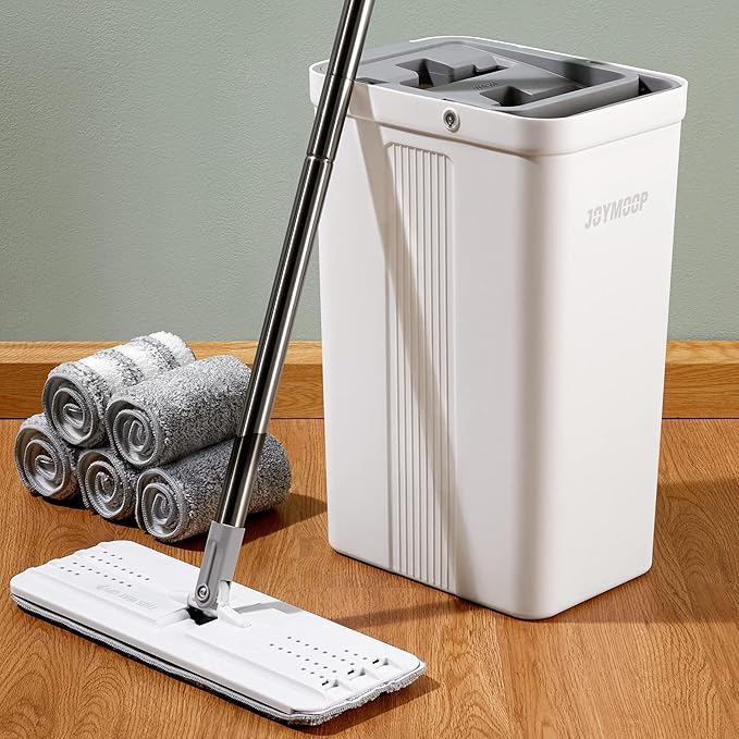 JOYMOOP Mop and Bucket with Wringer Set, White Flat Squeeze Mop Bucket Set for Floor Cleaning, Wet Dry Mop for Walls, Wall Cleaner with Long Handle, Hardwood Floor Mop-5 Microfiber Cloths-Ruum Studio Home