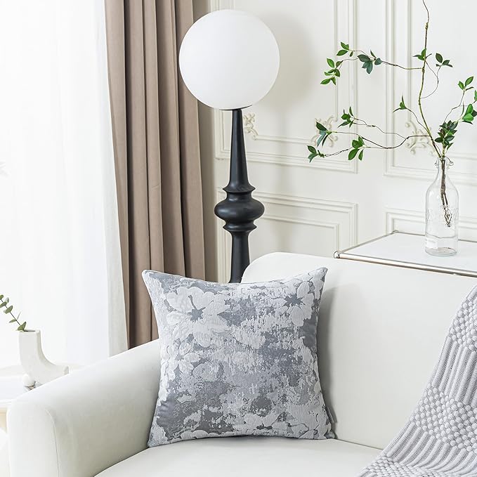 Jacquard Throw Pillow Covers 18x18 Inch Set of 2 - Vintage Floral Boho Pillow Cases with Botanical Pattern | Farmhouse Decor for Couch Living Room | Soft Textured Neutral Trio Slate Gray 18" x 18"-Ruum Studio Home
