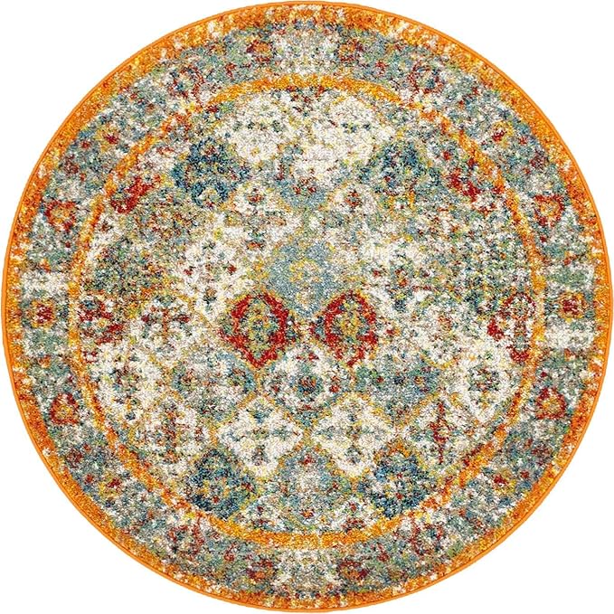 Unique Loom Rosso Collection Vintage, Traditional, Bohemian, Geometric, Distressed, Southwestern Area Rug, 4' 0" x 4' 0", Multi/Orange-Ruum Studio Home