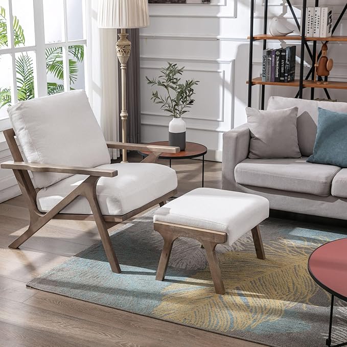 Wahson Mid Century Arm Chair and Ottoman Set, Upholstered Accent Armchair with Wood Frame and Linen Cushions, Leisure Slipper Chair for Living Room/Bedroom, Cream-Ruum Studio Home