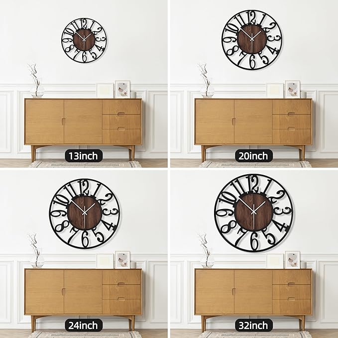 Maxstar Large Round Wall Clock for Living Room Decor Battery Operated Non Ticking Black Metal Wood Clocks for Home Living Room Garden Farmhouse Office Kitchen Decoration -32 inch-Ruum Studio Home